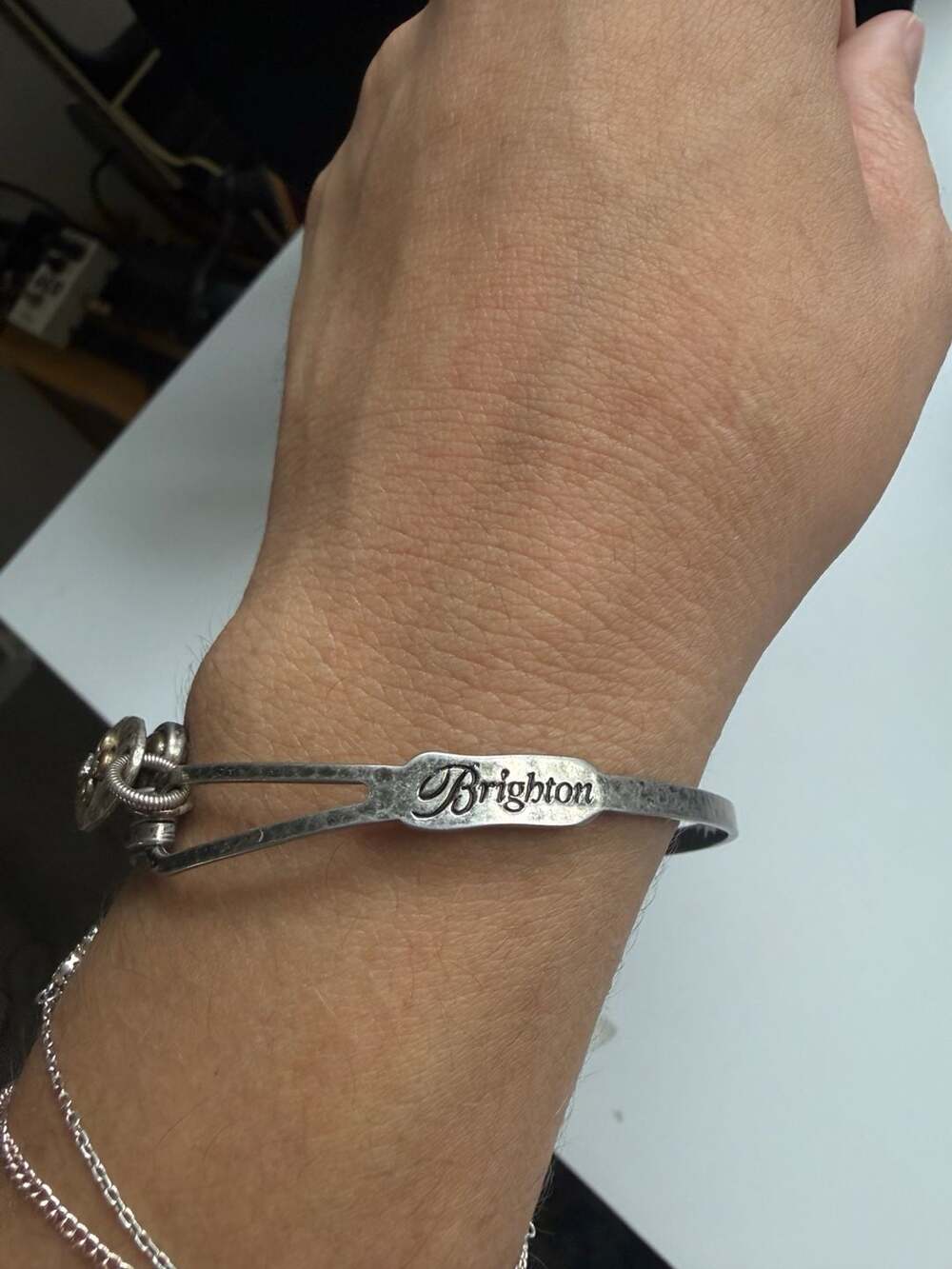 Brighton Hammered Silver Plated Bangle Cross Faith Hope Love Charm Bracelet